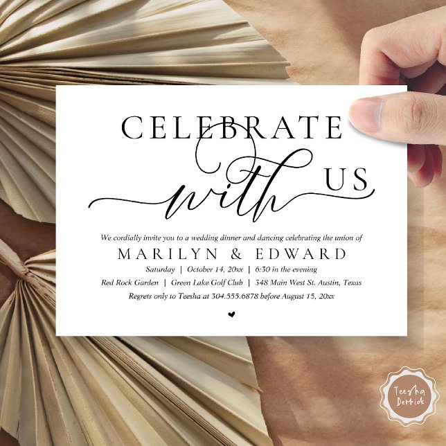 Invitation Célébrez avec nous, Dîner de Mariage Intime (Celebrate with us, Modern Romantic Wedding Elopement Dinner Invitation Card, PDF, in Black and White)
