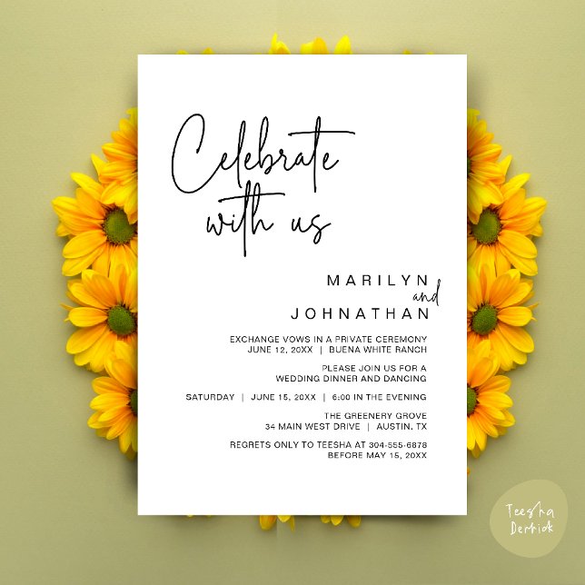 Invitation Célébrez avec nous, Dîner de Mariage Intime (Celebrate with us, Modern Wedding Elopement Dinner Lunch Brunch Party Invites Card PDF White Black)