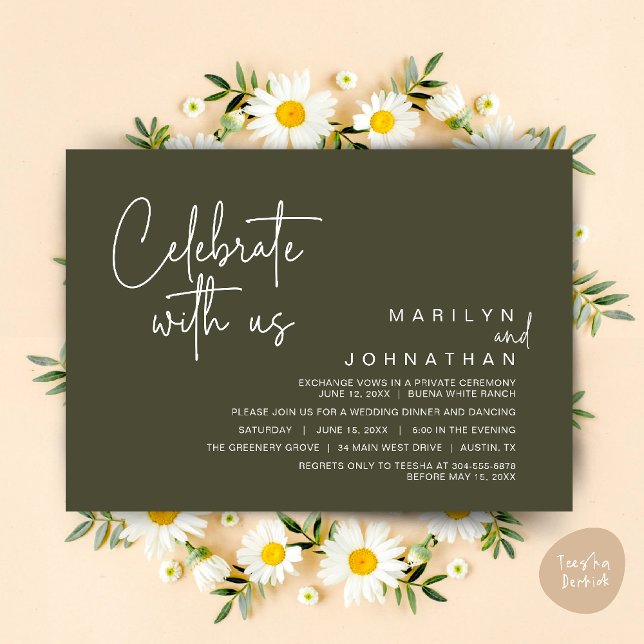Invitation Célébrez avec nous, Dîner de Mariage Intime (Celebrate with us, Modern Wedding Elopement Dinner Lunch Brunch Party Invites Card PDF Olive Green)