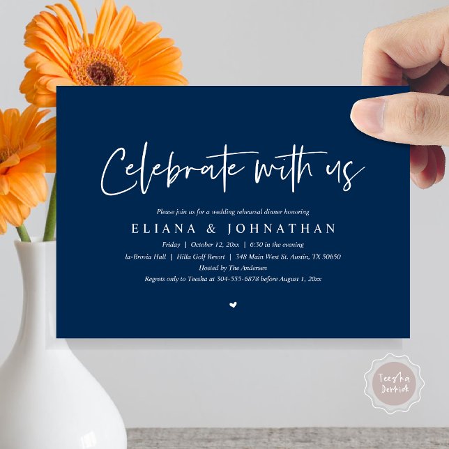 Invitation Célébrez avec nous, Dîner de répétition Mariage (Celebrate with us, Wedding Rehearsal Dinner Invitation Card, PDF, Modern Casual, in Navy Blue)