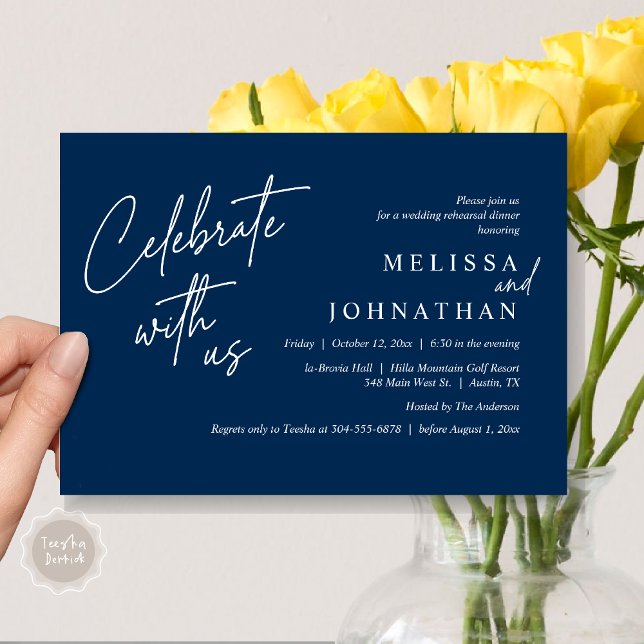 Invitation Célébrez avec nous, Dîner de répétition Mariage mo (Celebrate with us, Modern Wedding Rehearsal Dinner Invitation Card, PDF, in Navy Blue)