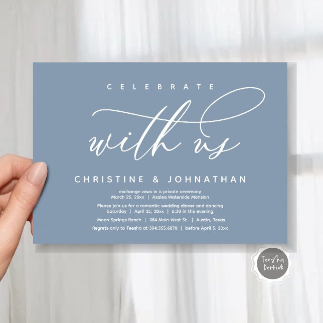 Invitation Célébrez avec nous, Dîner Mariage moderne Elopemen (Celebrate with us, Modern Wedding Elopement Dinner Invitation Card, PDF, Modern Romantic Dusty Blue)