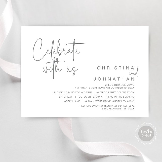 Invitation Célébrez avec nous, Fête de Fuite de Noces Après-M (Celebrate with us, Modern Wedding Elopement Dinner Party Invitation Card, PDF, in Dark Grey)