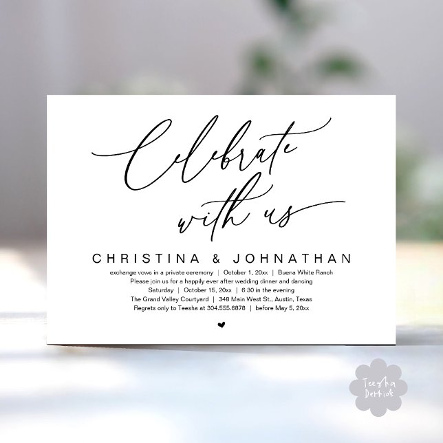 Invitation Célébrez Avec Nous Mariage Elopement Diner Party (Celebrate With Us Romantic Wedding Elopement Dinner Brunch Lunch Party Invites Card PDF White Black)