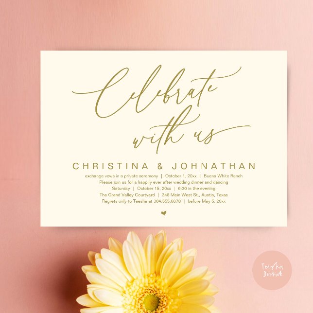 Invitation Célébrez Avec Nous Mariage Elopement Diner Party (Celebrate With Us Romantic Wedding Elopement Dinner Brunch Lunch Party Invites Card PDF Yellow Gold)