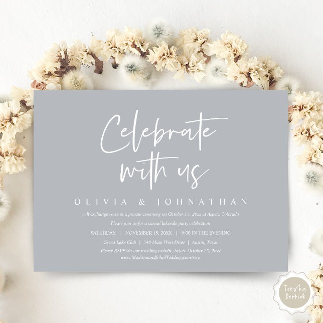 Invitation Célébrez avec nous, Mariage Intime et Décontracté (Celebrate With Us, Wedding Elopement Brunch, Lunch, Dinner Party Invitation Card, PDF, Chill Grey)