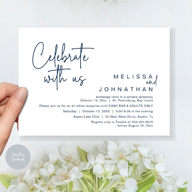 Invitation Célébrez avec nous, Wedding Réception Cash Bar (Celebrate with us, Wedding Reception Dinner Cash Bar Adults Only Invitation Card PDF in Navy Blue)