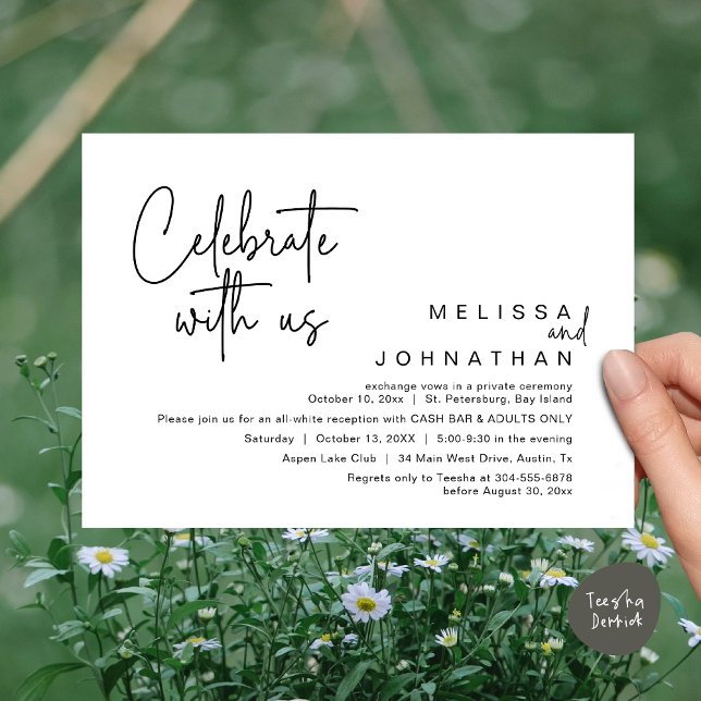Invitation Célébrez avec nous, Wedding Réception Cash Bar (Celebrate with us, Wedding Reception Dinner Cash Bar Adults Only Invitation Card PDF in White Black)