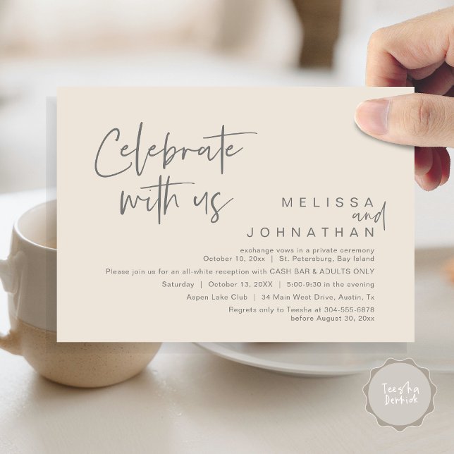 Invitation Célébrez avec nous, Wedding Réception Cash Bar (Celebrate with us, Wedding Reception Dinner Cash Bar Adults Only Invitation Card PDF in Cream Grey)