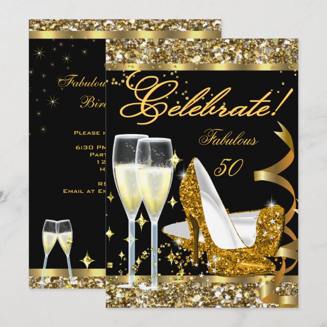 Invitation Célébrez Fabuleux 50 Anniversaire Soirée Gold Noir (Devant / Derrière)