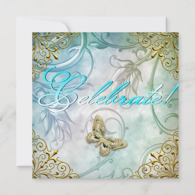 Invitation Célébrez le Turquoise Bleu papillon Floral Gold Pa (Devant)