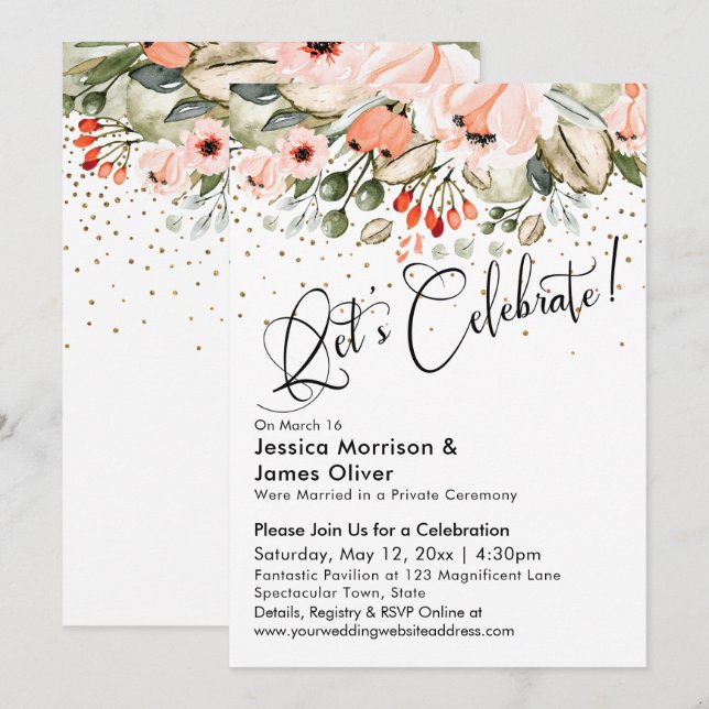 Invitation Célébrons ! Faux Confettis Dorés Fleuris Rose Pâle (Devant / Derrière)