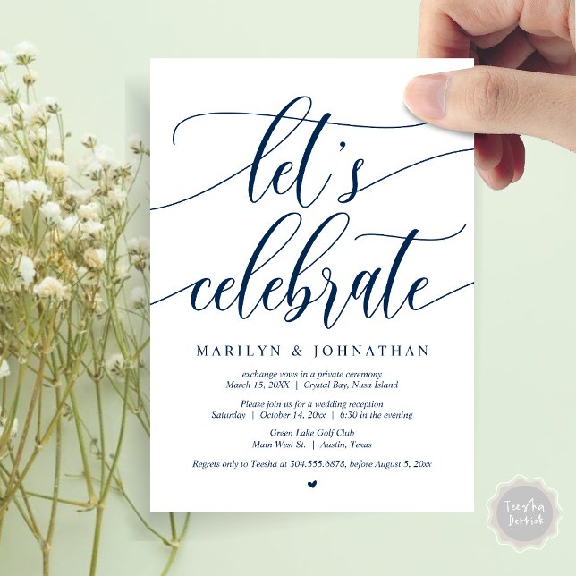Invitation Célébrons la Fuite de Noces (Let's Celebrate Wedding Elopement Dinner Lunch Brunch Party Invitation Card, PDF, in Navy Blue)
