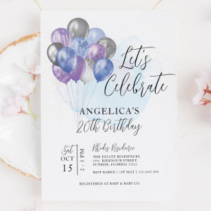 Invitation Célébrons l'anniversaire des ballons bleu violet g