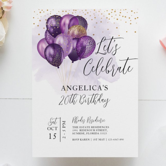 Invitation Célébrons l'anniversaire des ballons d'or violet (Créateur téléchargé)