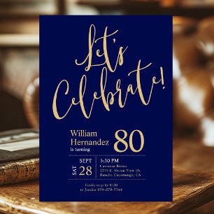 Invitation Célébrons le bleu marine Or Photo 80e anniversaire
