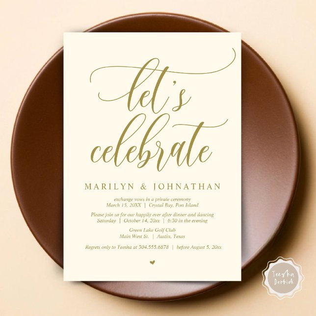 Invitation Célébrons le Mariage Elopement Dîner Dancing (Let's Celebrate Wedding Elopement Dinner Party Lunch BrunchDancing Invitation Card PDF, Yellow Gold)