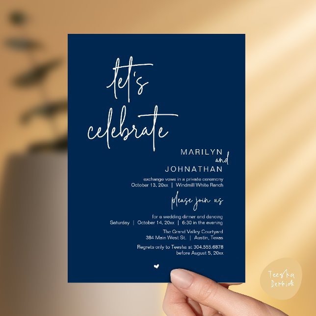 Invitation Célébrons, Réception de Mariage Moderne Minimalist (Let's Celebrate, Modern Minimal Wedding Reception dinner dancing Invitation card navy blue)