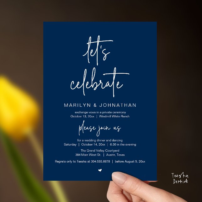 Invitation Célébrons, Réception de Mariage Moderne Minimalist (Let's Celebrate, Modern Minimal Wedding Reception dinner dancing Invitation card navy blue)