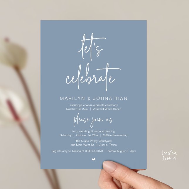 Invitation Célébrons, Réception de Mariage Moderne Minimalist (Let's Celebrate, Modern Minimal Wedding Reception dinner dancing Invitation card dusty blue)