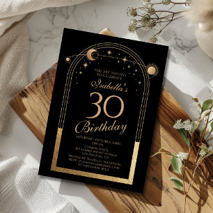 Invitation Céleste Black Gold Sun Moon Stars 30e anniversaire
