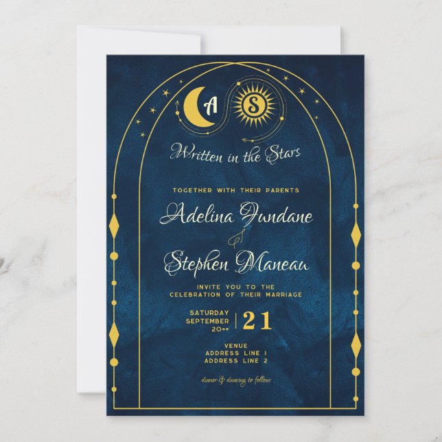 Invitation Céleste Bleu Lune Or Soleil Monogramme RSVP QR Cod (Devant)