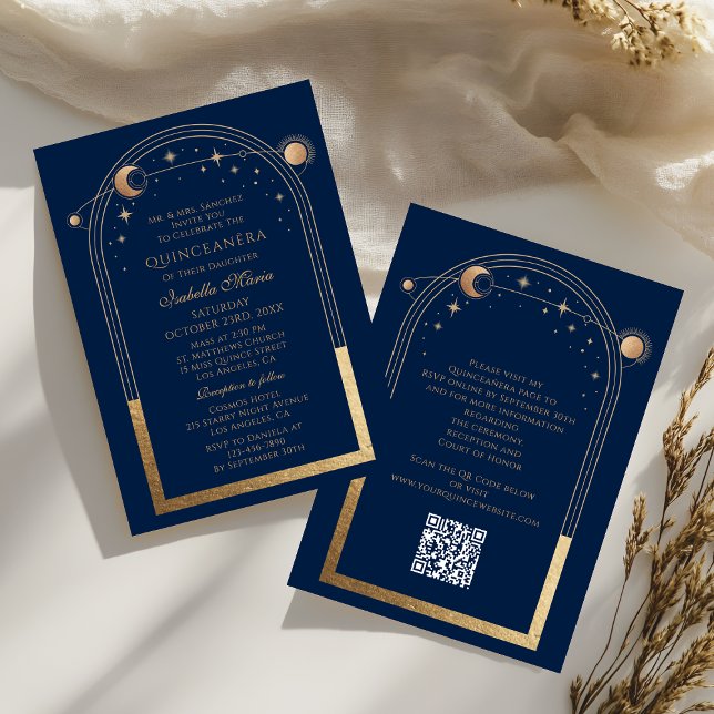 Invitation Céleste Bleu Or QR Code Quinceañera (Créateur téléchargé)