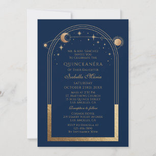 Invitation Céleste Bleu Or Soleil Lune Étoiles Quinceañera