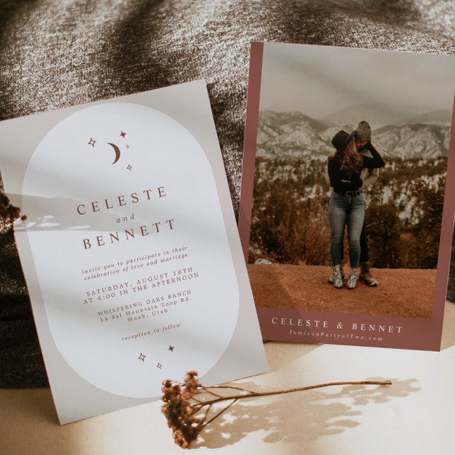 Invitation CELESTE Boho Moon & Stars Mariage en terre cuite (Créateur téléchargé)