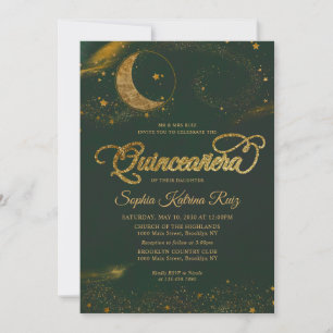 Invitation Céleste émeraude vert or étoile Lune Quinceanera