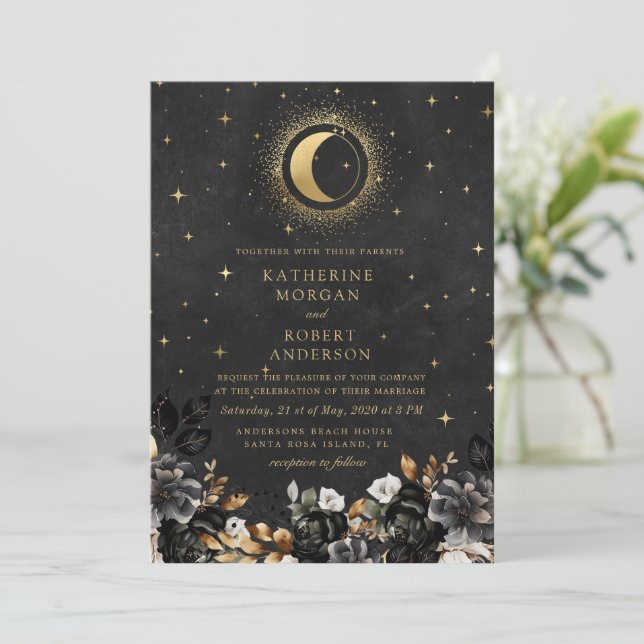 Invitation Céleste Floral Black Stars Moon Mariage (Debout devant)