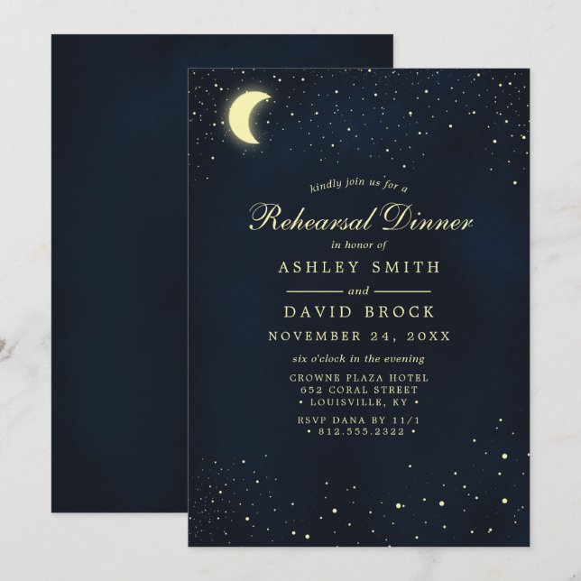 Invitation Céleste Lune Étoiles Minuit Dîner De Répétition (Devant / Derrière)