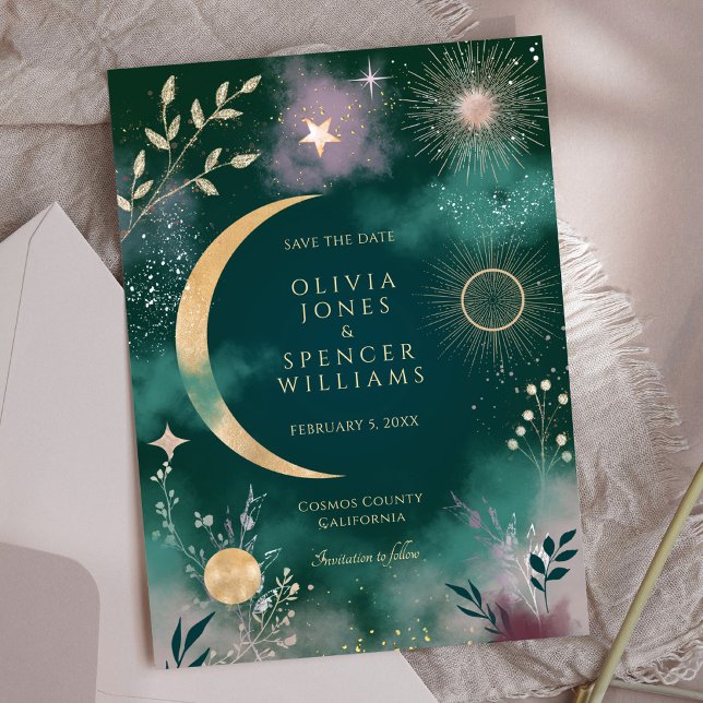 Invitation Céleste Lune Magique & Étoiles Émeraude Enregistre (Créateur téléchargé)
