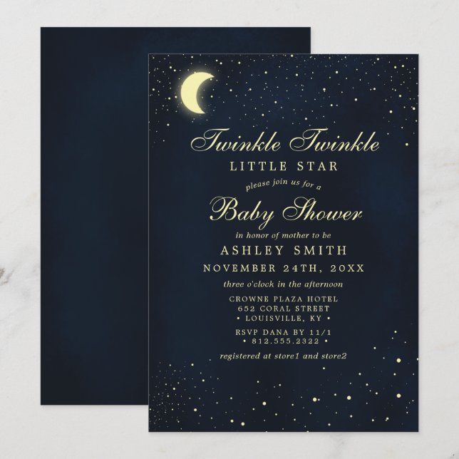 Invitation Céleste Lune Stars Twinkle Twinkle Baby shower (Devant / Derrière)
