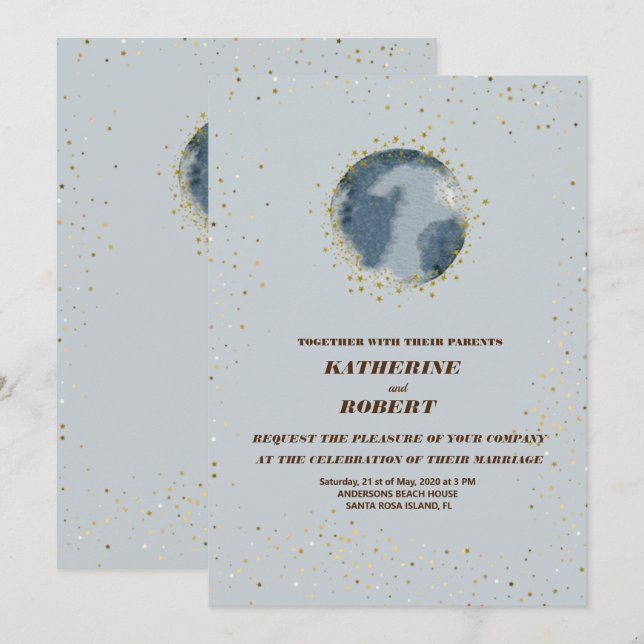 Invitation céleste minuit bleu étoiles lune Mariage Invita (Devant / Derrière)
