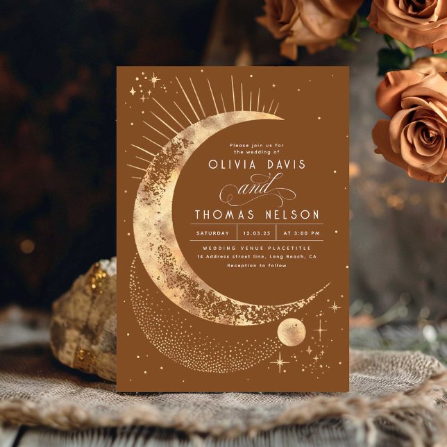Invitation Céleste mystique lune étoile Mariage Boho de nuit (Terracotta Celestial Wedding Invitation)