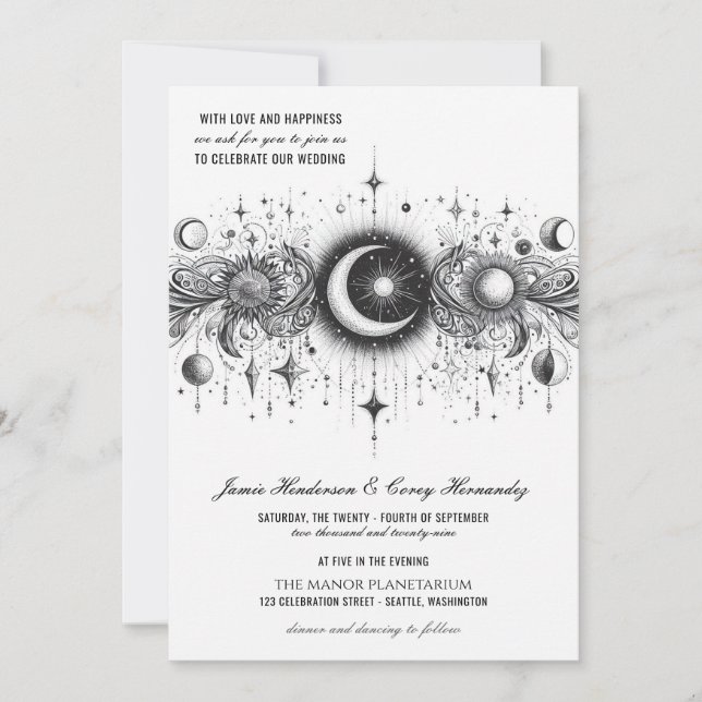 Invitation Céleste noir et blanc avec Mariage de code QR (Devant)