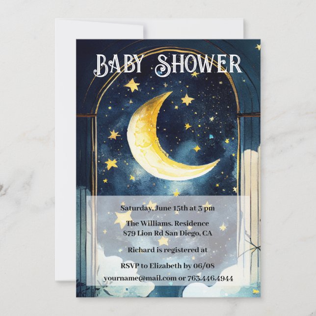 Invitation Céleste nuit étoilée et Baby shower de lune (Devant)