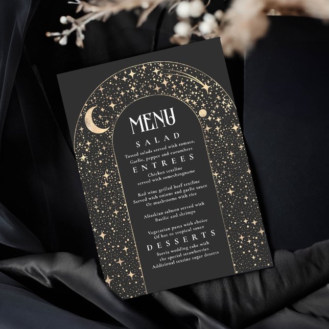 Invitation Céleste Nuit Sky Stars Arch Black Mariage Menu (Black Celestial Wedding Menu Cards)