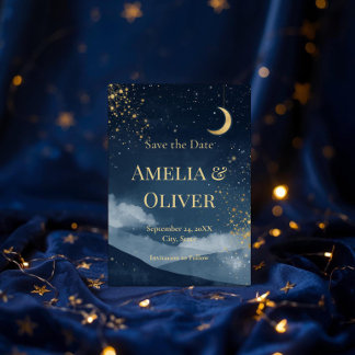 Invitation Céleste Save the Date | Nuit étoilée Navy & Or