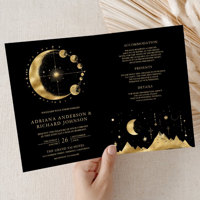Invitation Celestial Black Gold Crescent Moon Phases Wedding (Créateur téléchargé)