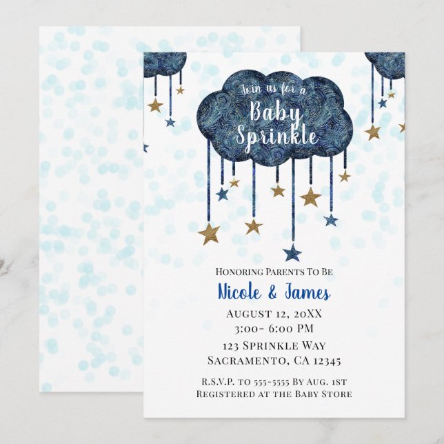 Invitation Celestial Blue Gold Stars Baby Sprinkle Douche Inv (Devant / Derrière)