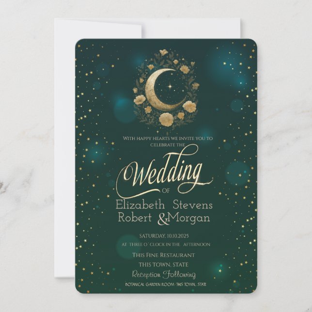 Invitation Celestial Gold Floral Moon Stars Wedding Green (Devant)