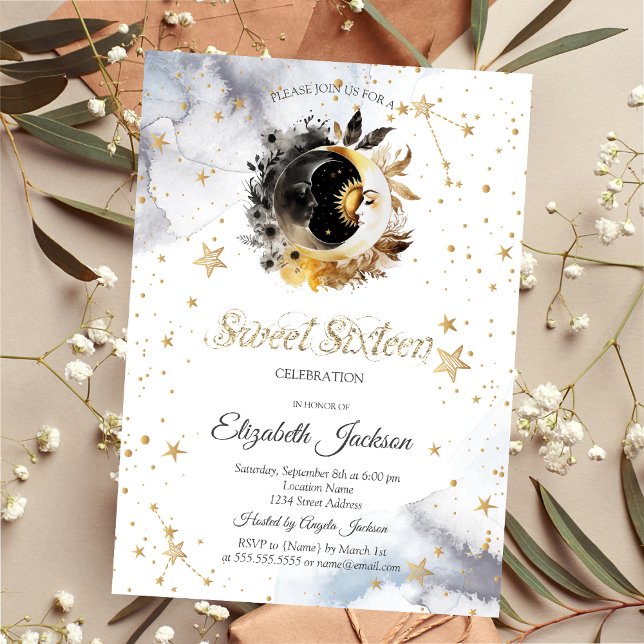Invitation Celestial Gold Sun,Moon,Stars Flower Sweet 16 (Créateur téléchargé)
