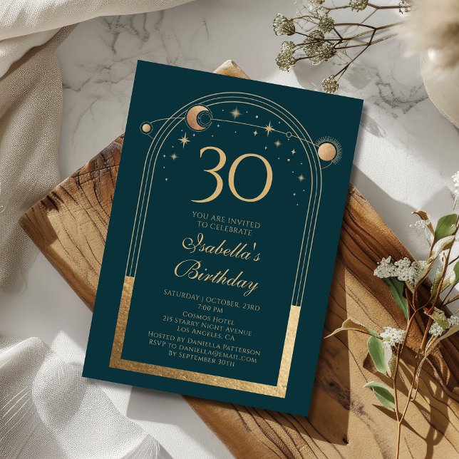 Invitation Celestial Green Gold Sun Moon Stars 30e anniversai (Créateur téléchargé)