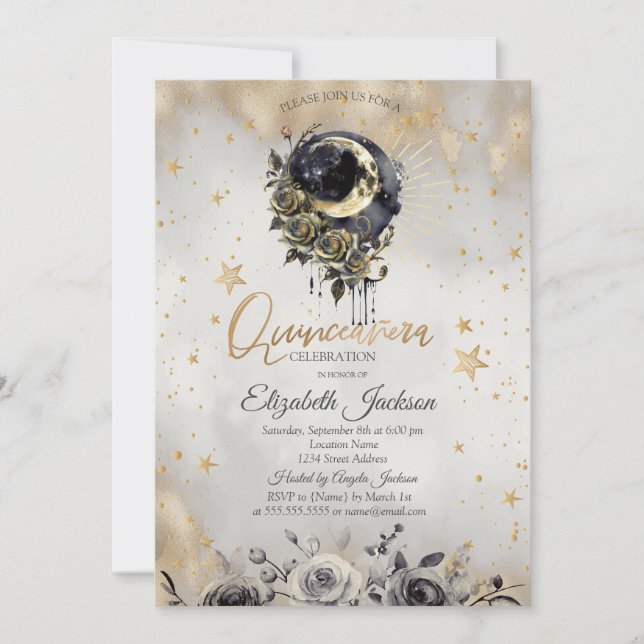 Invitation Celestial  Moon Roses Stars Quinceanera  (Devant)