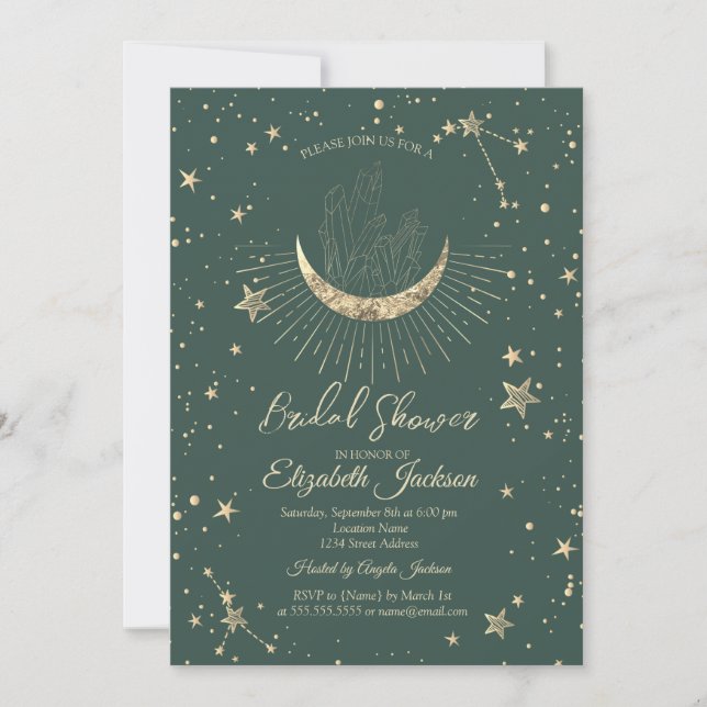 Invitation Celestial Moon,Stars Diamond Green Bridal Shower  (Devant)