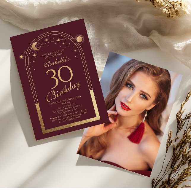 Invitation Celestial Red Gold Sun Moon Stars 30e anniversaire (Créateur téléchargé)
