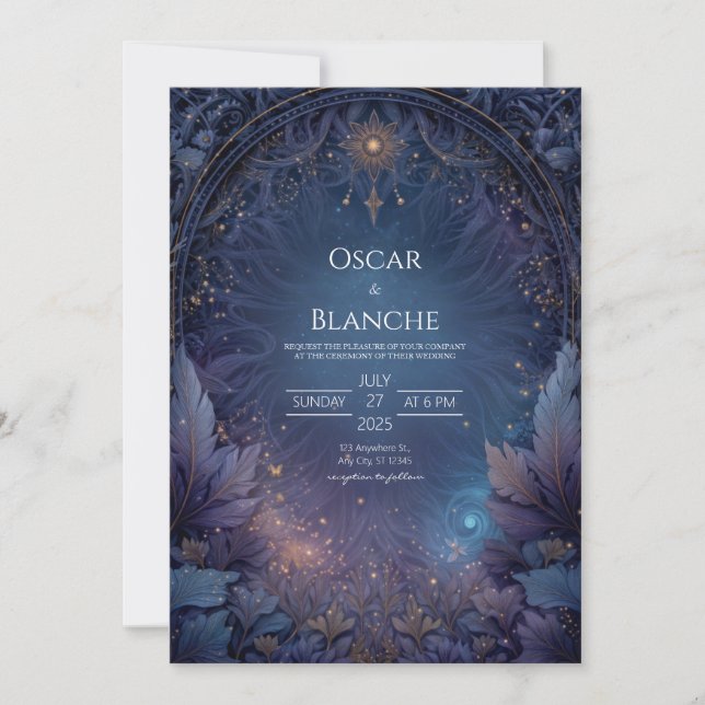 Invitation Celestial Sun and Dark Navy Foliage Wedding (Devant)