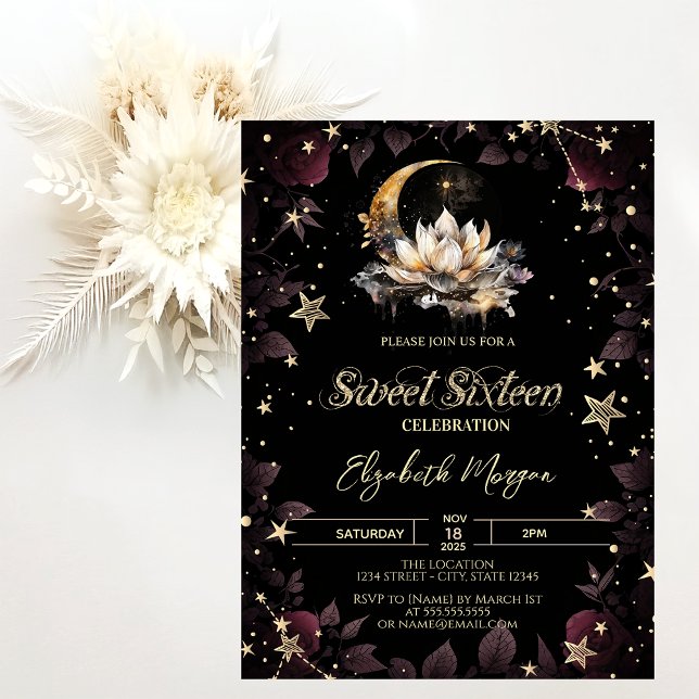 Invitation Celestial Sun,Moon,Stars Roses Sweet 16 (Créateur téléchargé)
